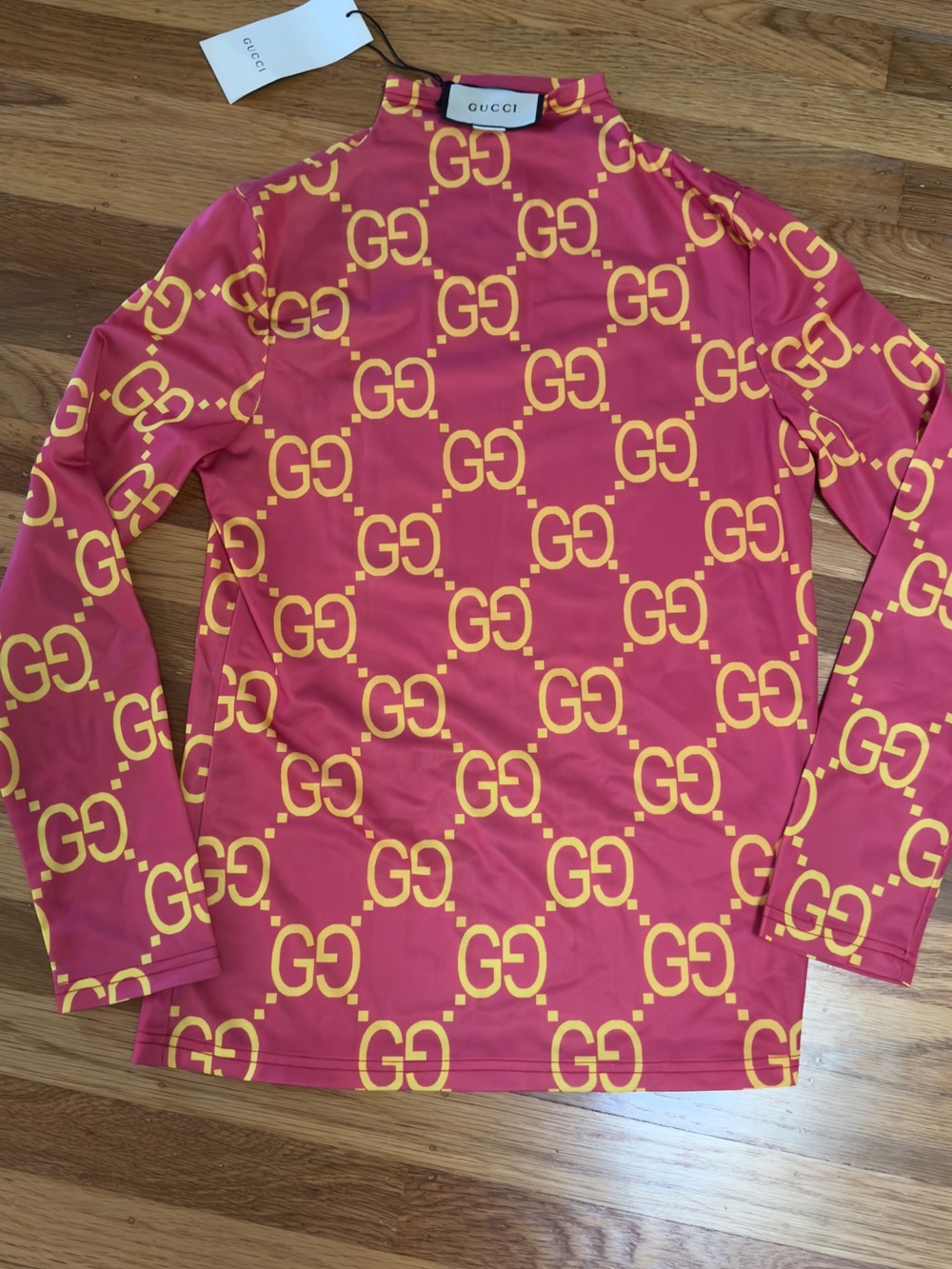 Gucci Pink Long-Sleeve Tee with Yellow GG Logo Print